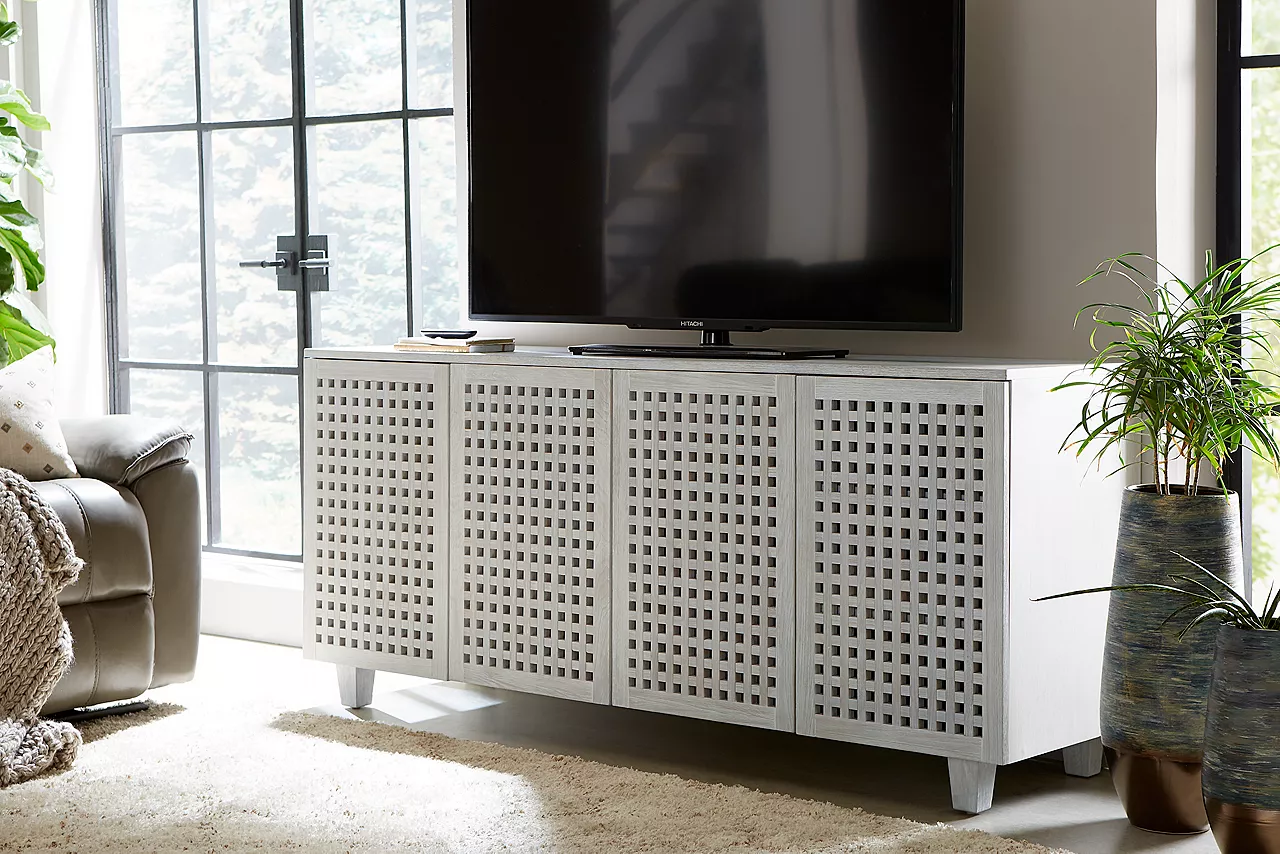 The Ginny white washed entertainment console in room scene.